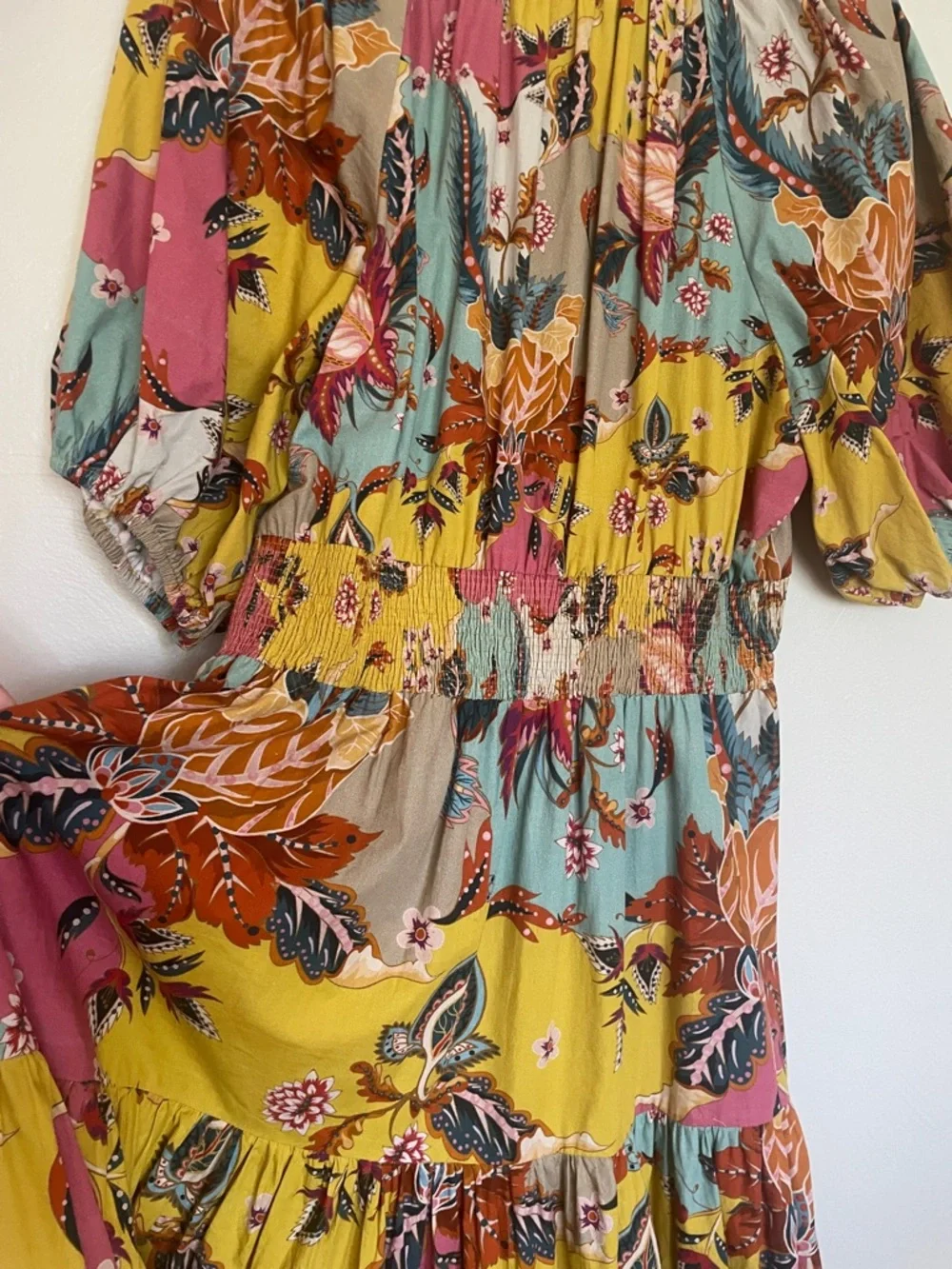 Boho Patchwork Floral Maxi Dress in Yellow, Teal & Pink - Picture 4 of 5